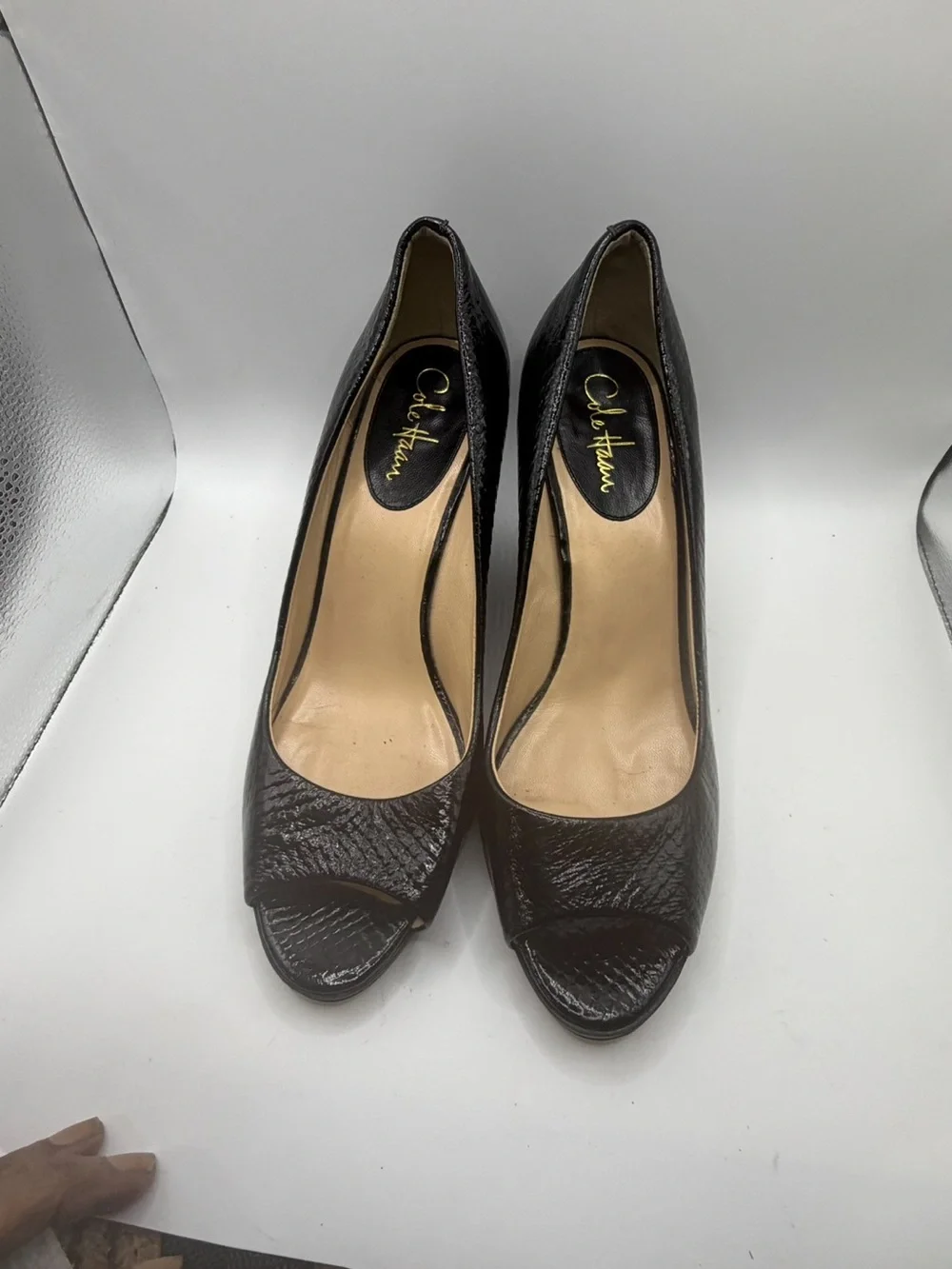 Cole Haan Black Snake Snake Skin Embossed Leather Peep-Toe Wedge Pumps
